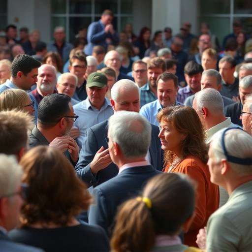 A diverse group of people in animated discussion at a public forum.