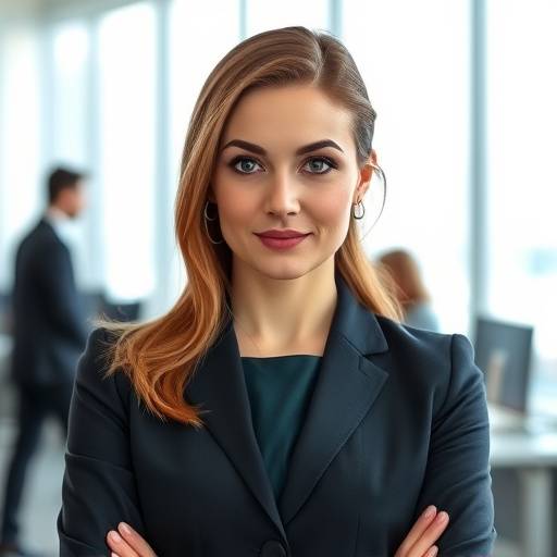 Portrait of Anya Petrova, a sharp and professional woman with direct eye contact, in a modern office setting.