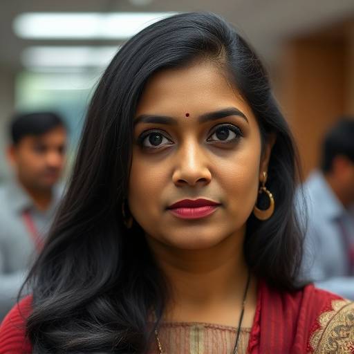 Portrait of Priya Singh, a South Asian woman with a determined look, perhaps in an office environment.