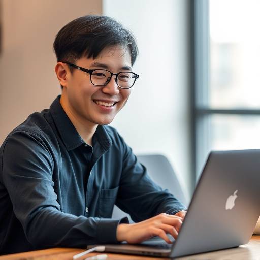 Portrait of Samuel Chen, the Community Engagement Manager, a friendly individual interacting with a laptop.