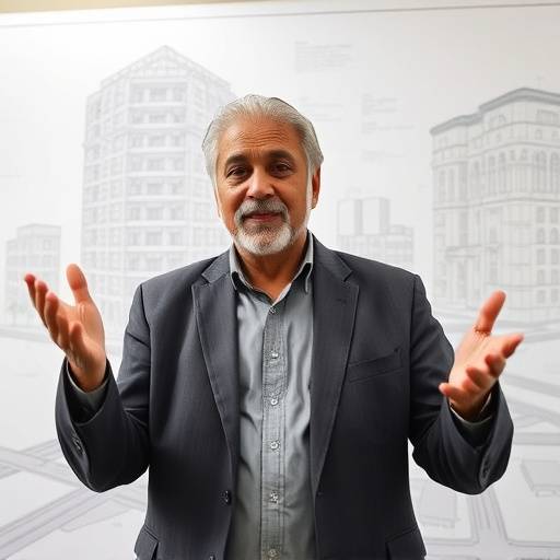 Samir Khan, a prominent urban planner, gesturing animatedly while discussing city blueprints.